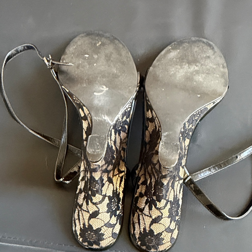 Linea Paolo Black Patent Lace Wedge Sandals Rhinestone Buckle Size 11 - Picture 6 of 11